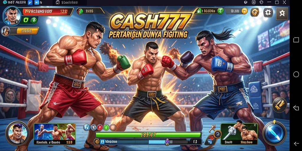 Screenshot awal CASH777 menampilkan pertarungan epik dengan karakter beraksi.