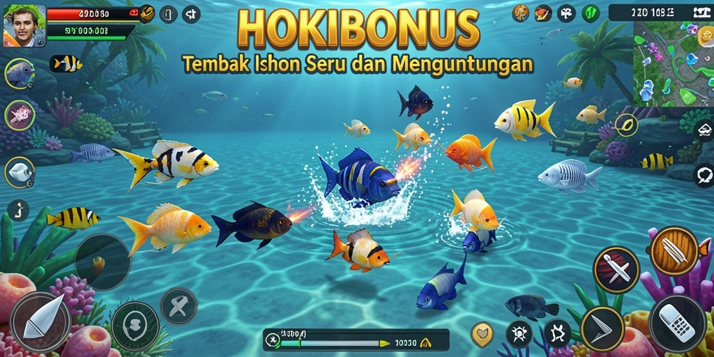 Tampilan gameplay HOKIBONUS dengan aksi menembak ikan yang seru.